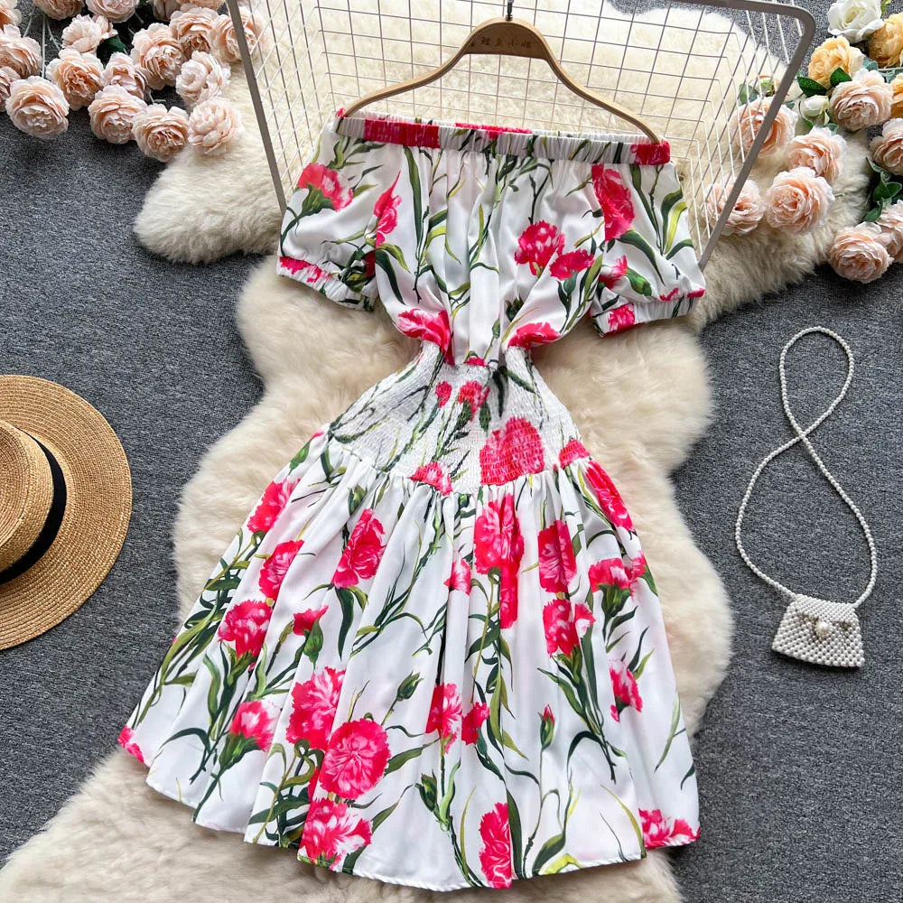 Women Elegant Vintage Floral Print Dress 2023 Summer Short Sleeve Off Shoulder Dress Shirred Elastic Waist Beach Holiday Dress