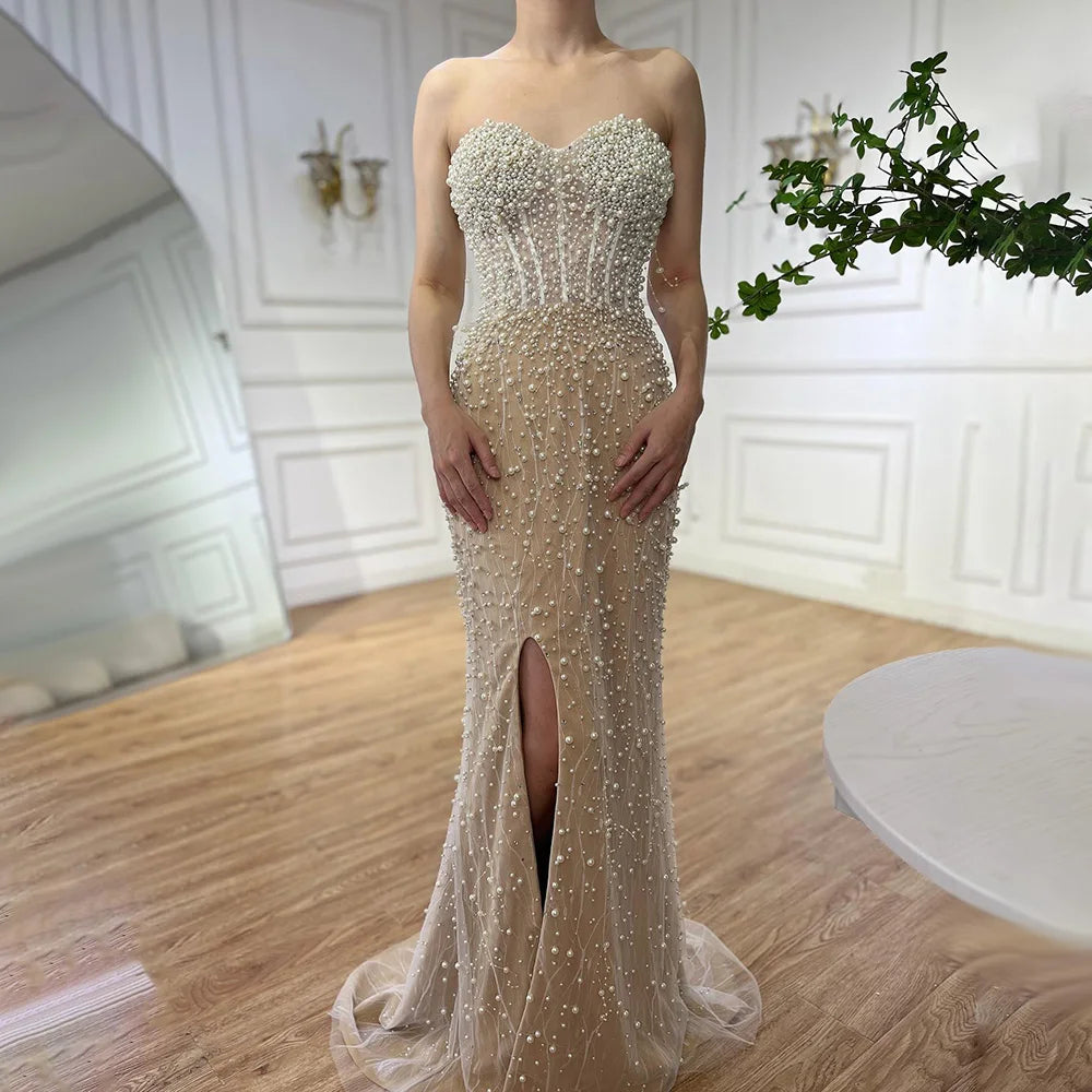 Serene Hill 2024 Arabic White Nude Mermaid Gown Pearls Beading High Split Luxury Dubai Evening Dress for Women's Party LA72544