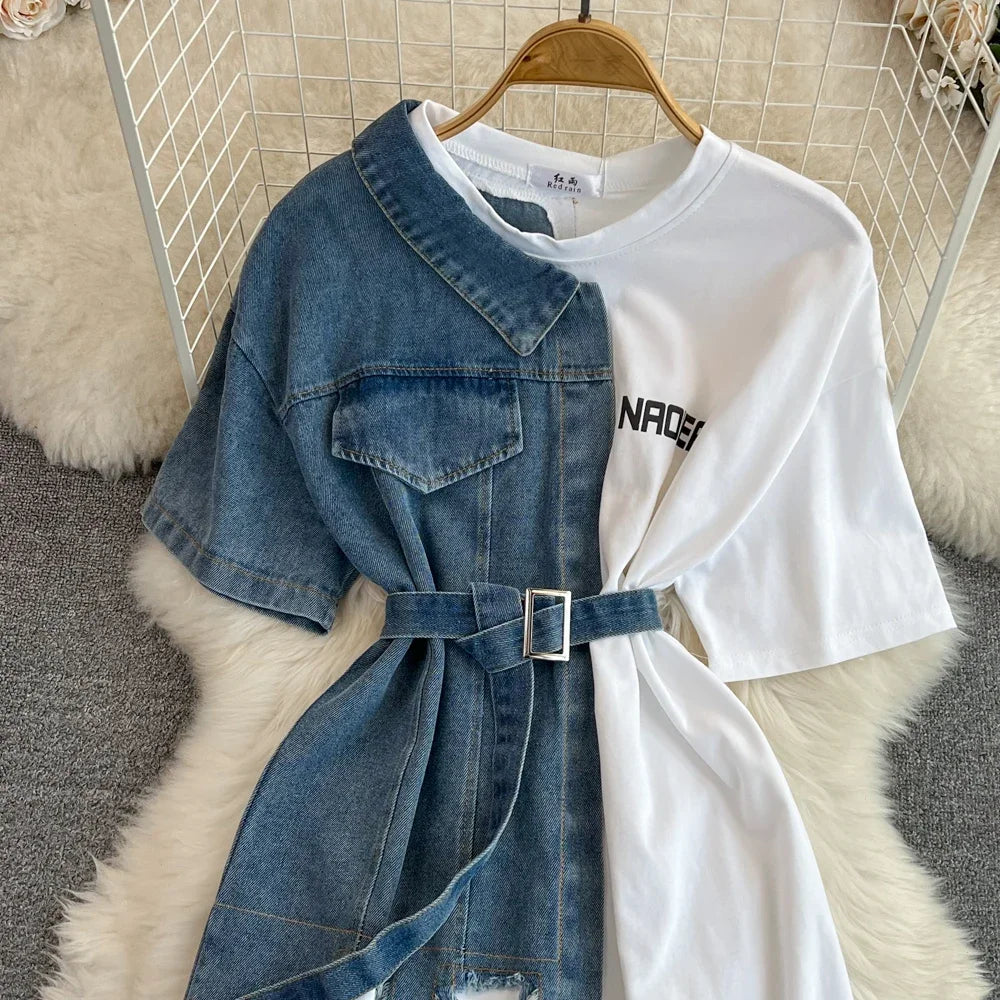 Women Summer Casual T Shirt Short Sleeve Streetwear Patchwork Denim Long Shirts Female O-neck Slim Jeans Tops