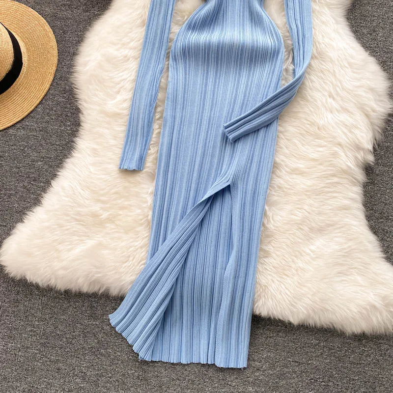 Women Chic Elegant Long Sleeve Split Bodycon Midi Dress Sexy French Fashion Knit Wrap Vestidos Elastic Slim Pencil Sweater Dress