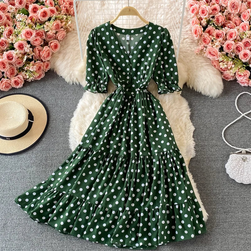 New Summer Women's Fashion Vintage Polka Dot Midi Dress Elegant and Chic A-Line Party Casual White Black Vestidos Female Robe