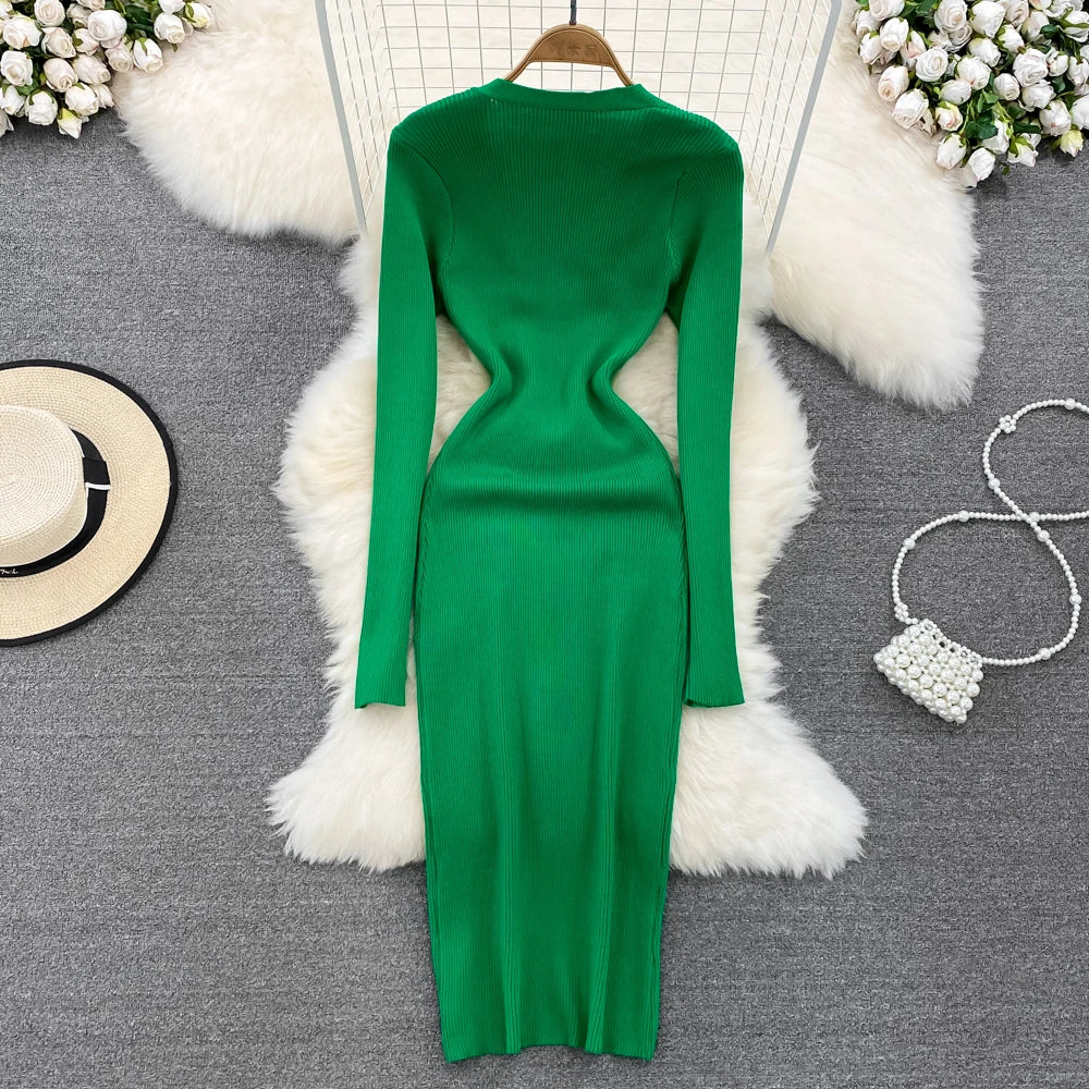 Sexy Split V-neck Long Sleeve Bodycon Dress Chic Elegant Evening Party French Fashion Knit Vestidos Women Autumn Pencil Dress