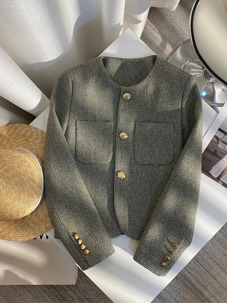 Women's Round Neck Blazer Jacket for Spring and Autumn Trendy Single Breasted Cropped Coat Small Fragrance Green Suit Outerwear