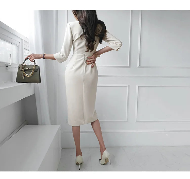 Commuting Style V-neck Mid length One Step Dress with Belt Autumn New Office Women's Slim Fit Waist Closing Beige Split Dresses