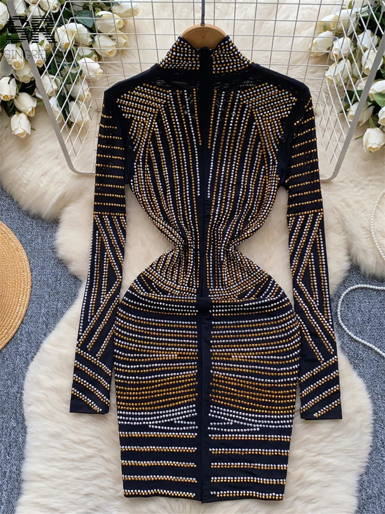 SINGREINY Autumn Beadings Dress Women Long Sleeve Temperament Zipper Design Half High Collar Slim Basic Fashion Chic Club Dress