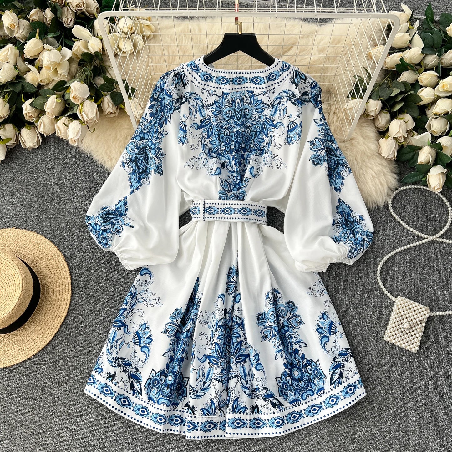 Vintage Print Elegant V-eck Single Breasted Lantern Long Sleeve Dress A-line Casual Women Fashion Summer Spring Vestidos