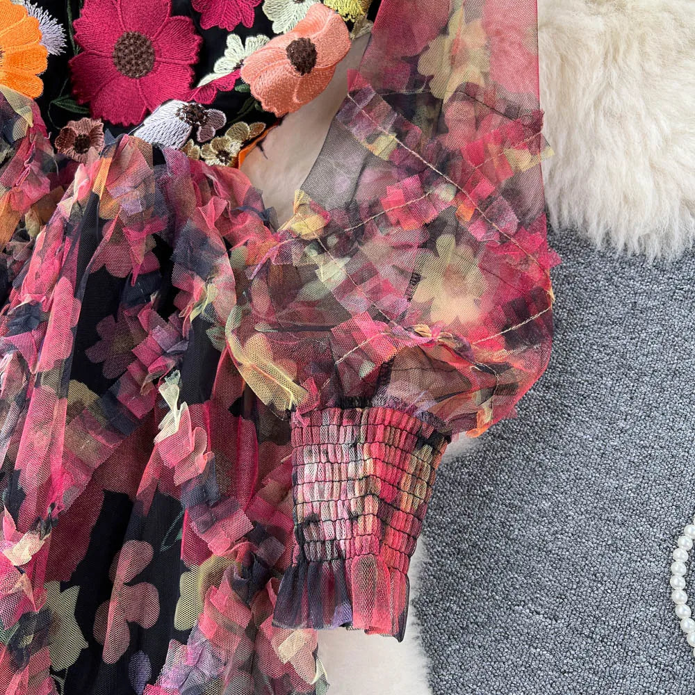 Retro Print Embroidery Elegant Mesh Dress A-line O-neck Long Sleeve Casual High Waist Dress Women Summer