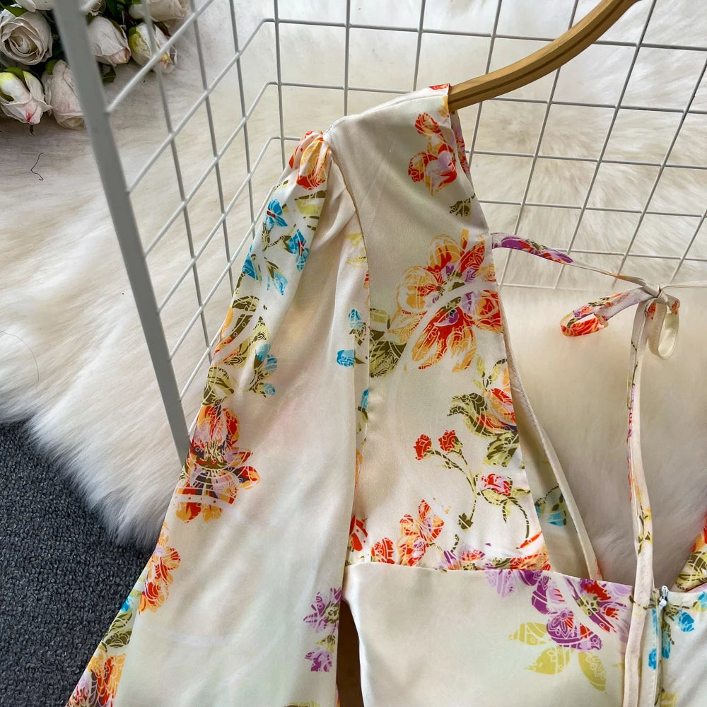 Sexy Bodycon Satin Floral Long Dresses for Women Lantern Sleeve V-Neck Slim Mermaid Evening Party Dress Prom Robe New Vestidos