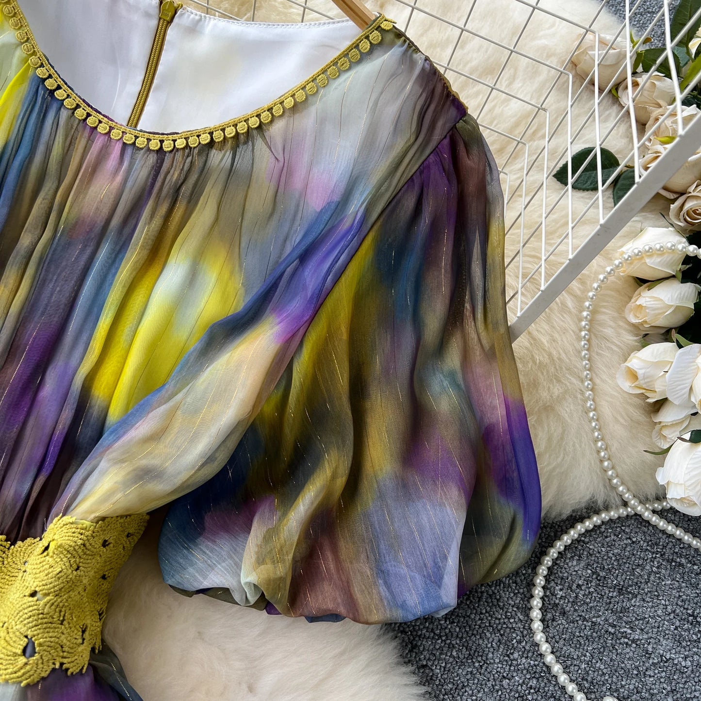 sweet tie dye Lantern Sleeve embroidery o neck chiffon Dress French Party Elegant Summer Sexy Slim Women dresses