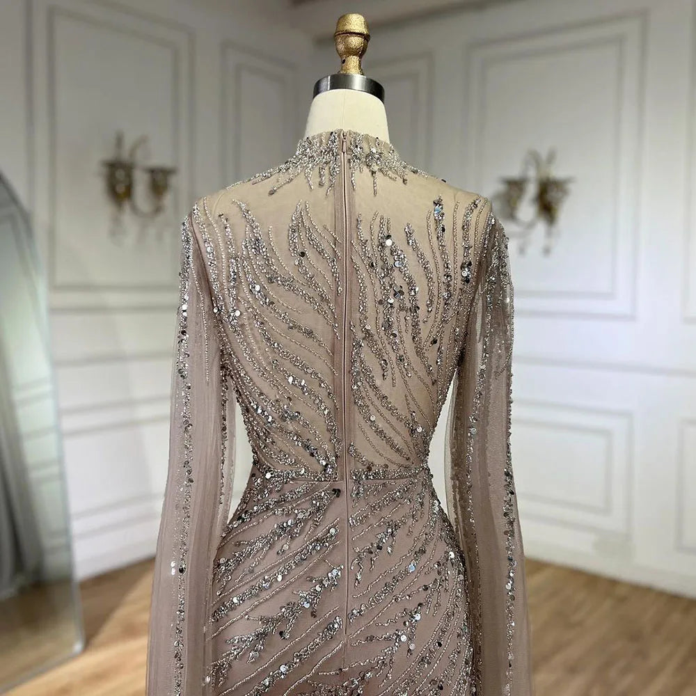 Serene Hill 2024 Nude Cape Sleeves Mermaid Lace Beaded Luxury Dubai Long Evening Dresses Gowns For Formal Occasion LA71885A