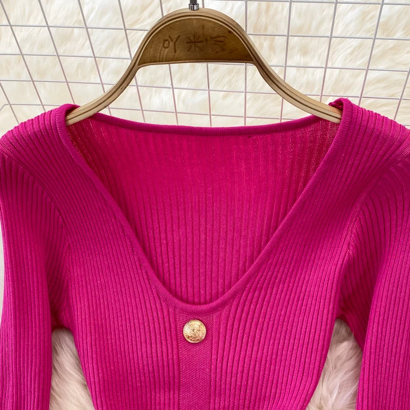 Chic V Neck Long Sleeve Elegant Mermaid Dress Sexy slim Evening Party French Fashion Knit Vestidos High Waist Autumn Slim Robe