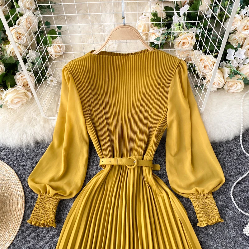 Chic Pleated Elegant Puff Sleeve Dress A-line Chiffon High Waist Belt Beach Vacation Party Dress Women Summer Spring Vestidos