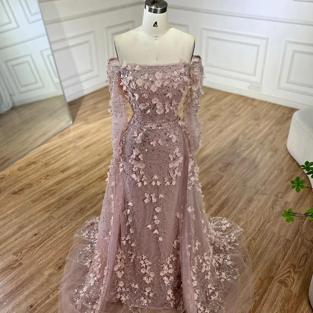 Serene Hill 2024 Pink Strapless Back Lace-Up Mermaid Evening Gown with Overskirt and Appliques for Women | Wedding Party LA72641