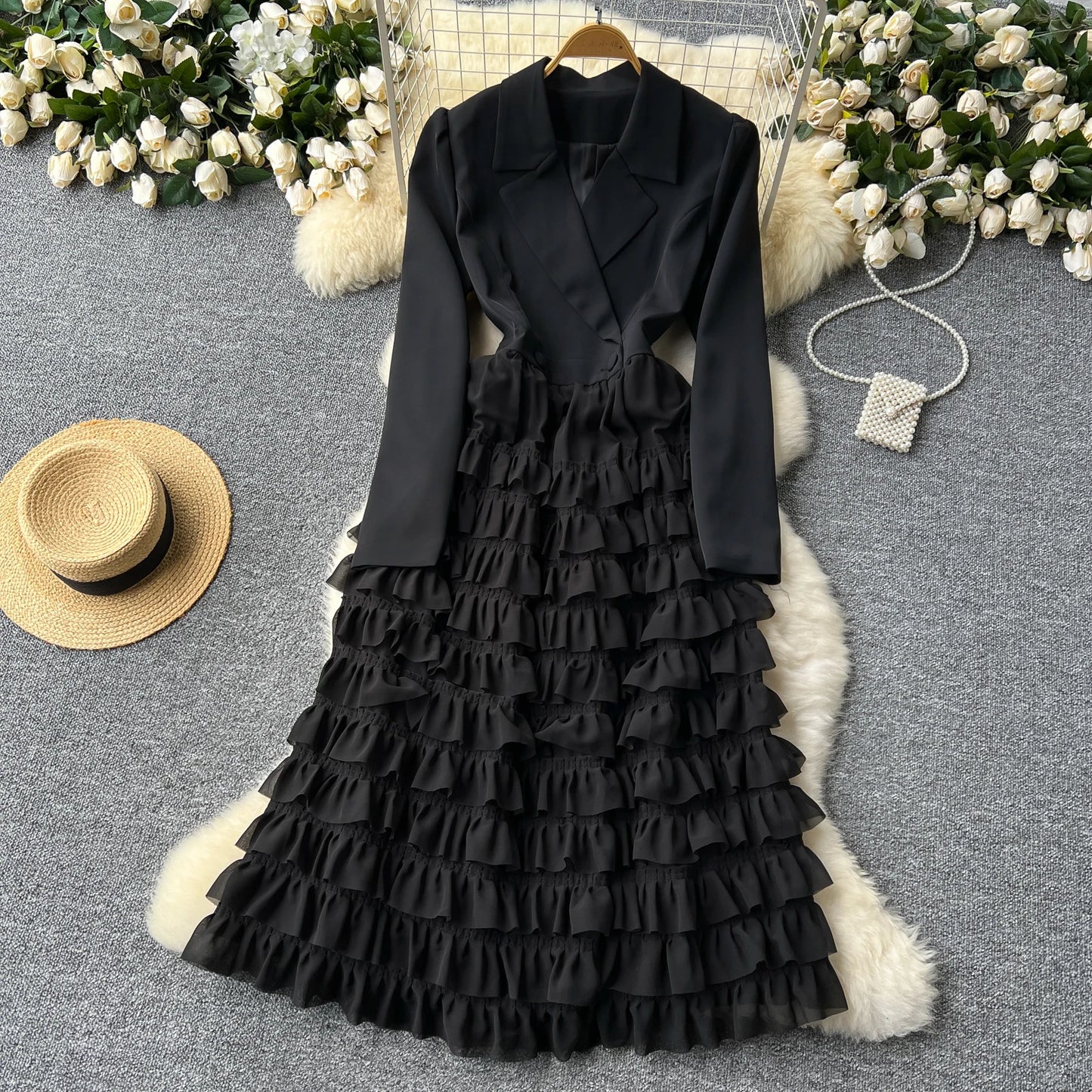 French Vintage Two Pieces Sets Notched lool sleeve mesh sweet A-line Chic PATCHWORK Women Summer dresses
