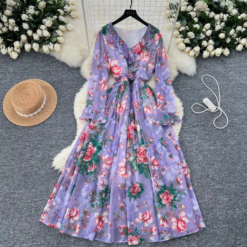 Women Elegant Floral Print Dress for Women Vintage V-Neck Long Sleeves Chiffon Slim A-Line Vestidos Mujer Autumn Female Clothes