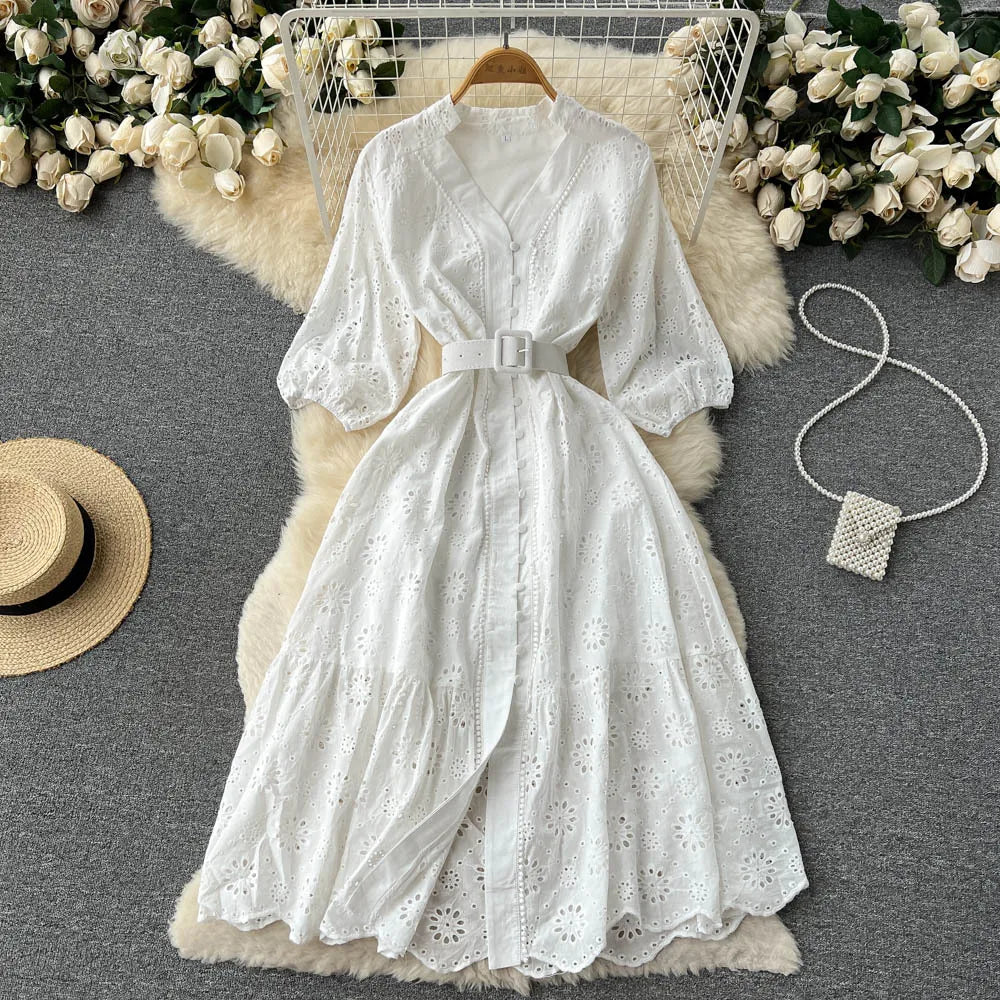 Summer V-neck Hollow Out Dress Women Bubble Sleeves Loose Embroidered Ruffle Edge Long Dresses Ladies Elegant Casual Long Robe