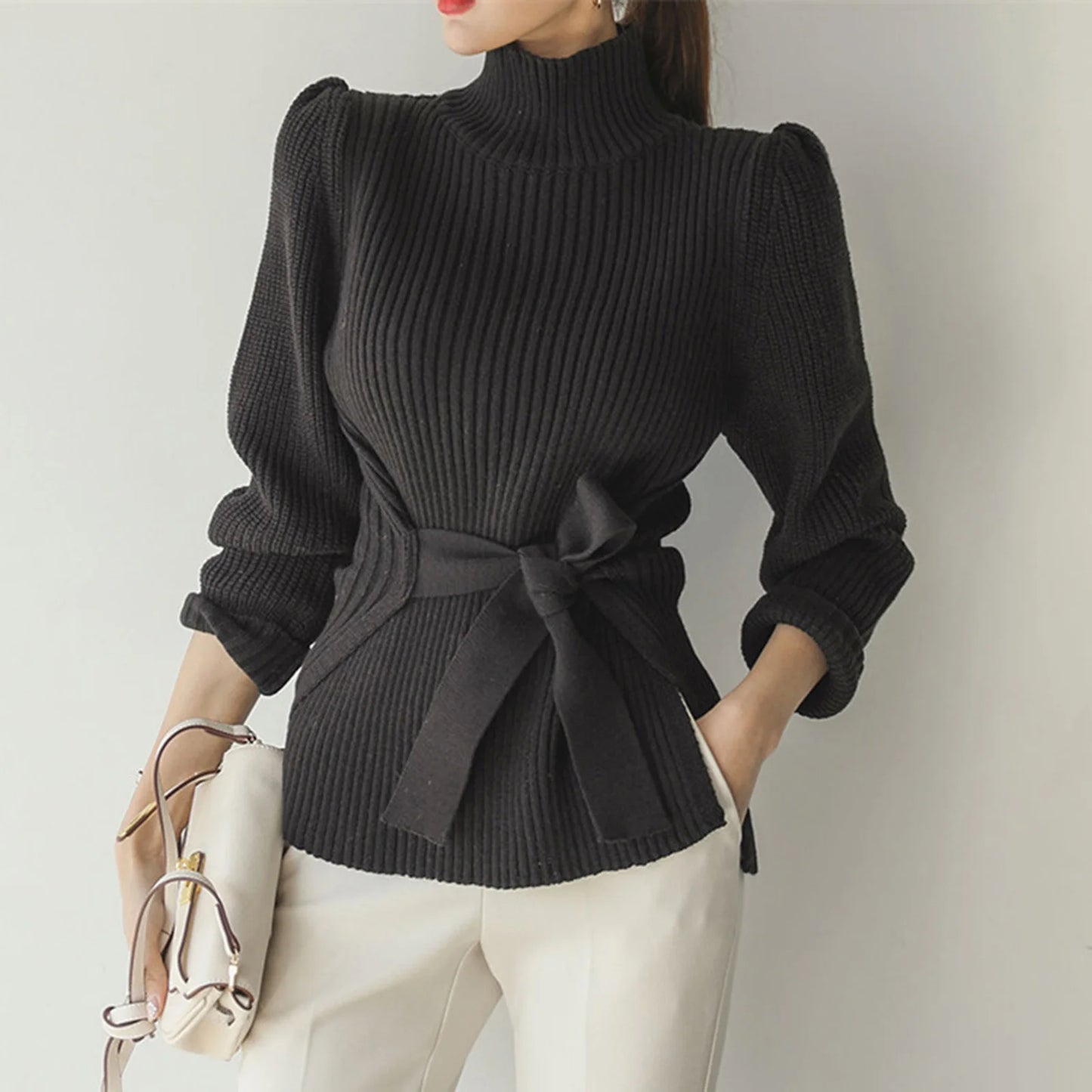 Elegant Half High Collar Strap Waist Tight Fit Design Fashionable Long Sleeve Sweater Women's Autumn/Winter New Warm Sweaters