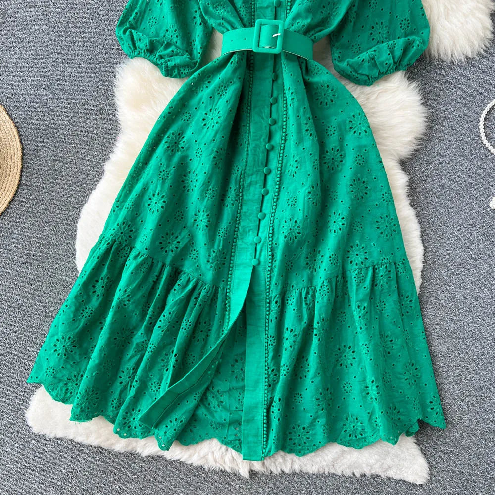 Summer V-neck Hollow Out Dress Women Bubble Sleeves Loose Embroidered Ruffle Edge Long Dresses Ladies Elegant Casual Long Robe
