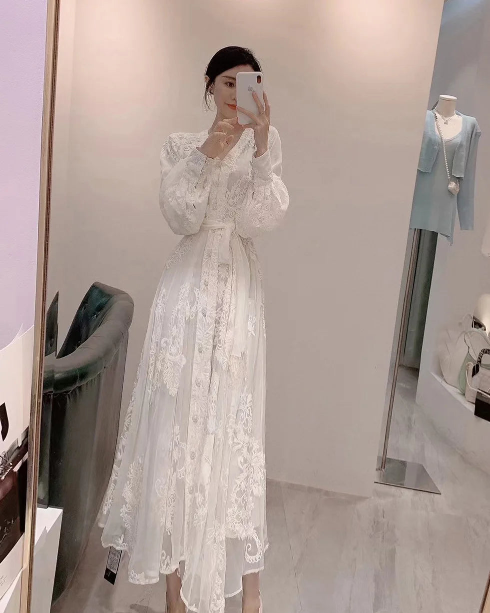Women Spring and Autumn Heavy Industry Embroidered White V-neck Dress Elegant and Luxury Bubble Sleeve A-line Long Dresses