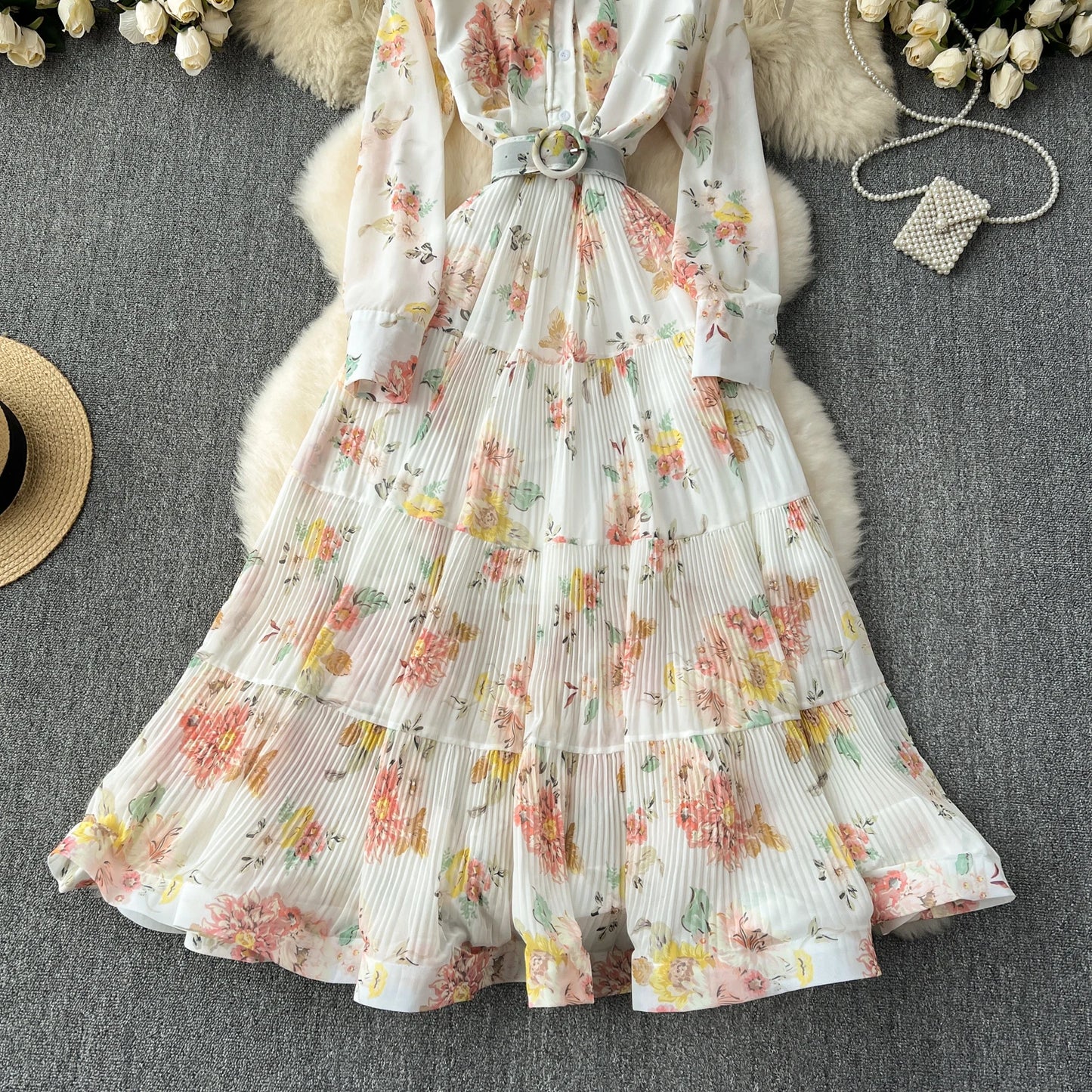 French Vintage Ruffle Lace-up Bow Puff Sleeves Long Sleeves Dress korean fashion Casual Women Fashion summer dresses