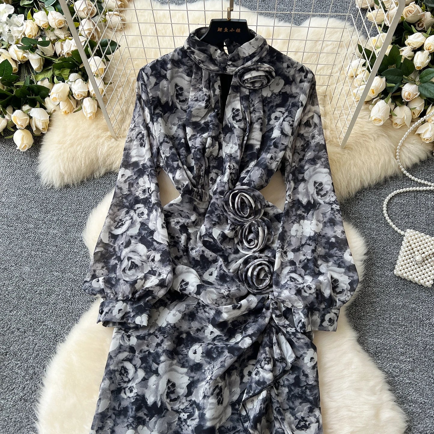 Chic French Sexy Pleated Floral Print Elegant Ruffle Dress Vintage Split Slim High Street Evening Women Autumn Winter Clothing