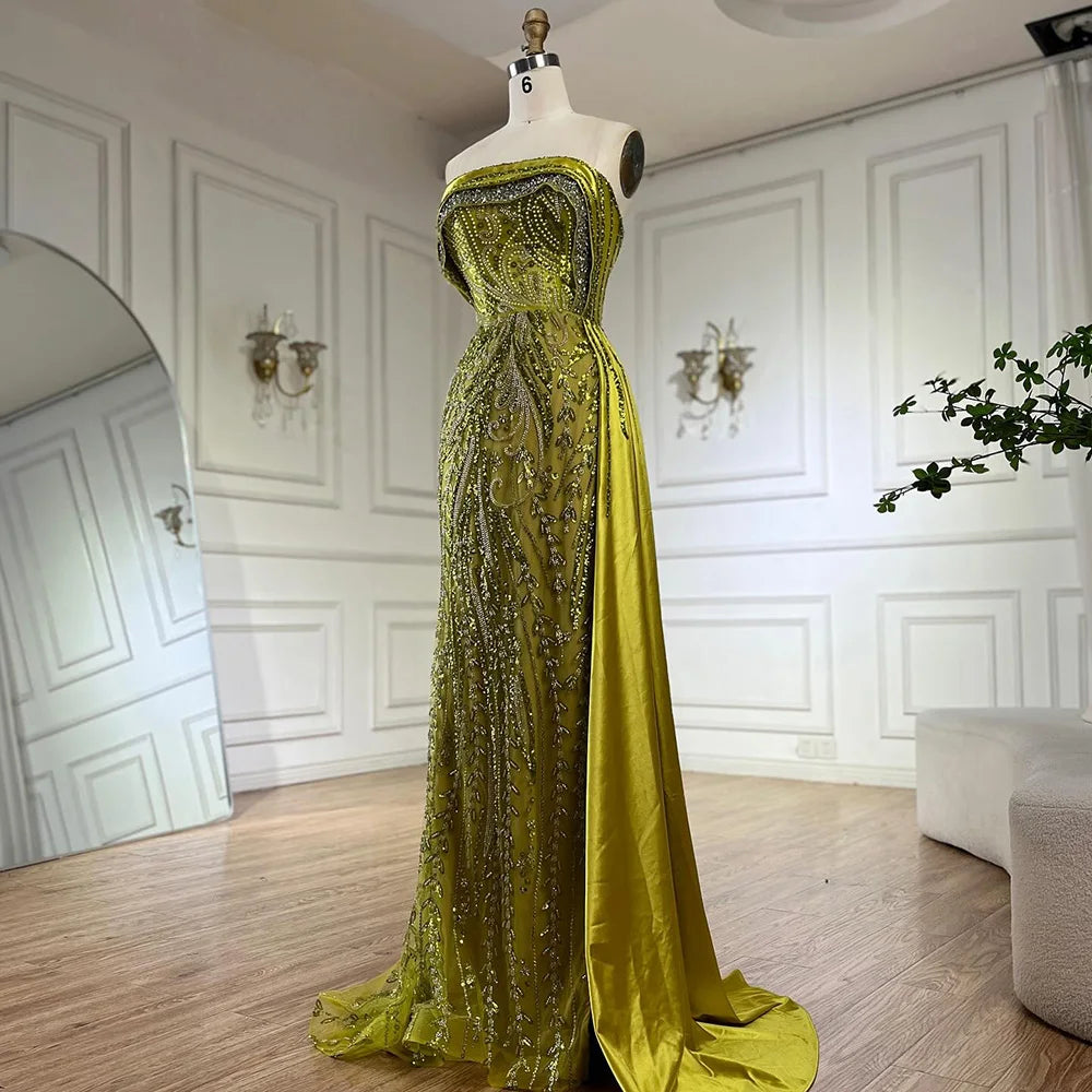 Serene Hill 2024 Arabic Nude Strapless Satin Mermaid Beaded Luxury Dubai Evening Gown with Side Skirt for Women's Party BLA72665