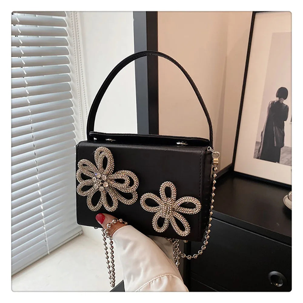 Light Luxury High-Grade Women Chain Crossbody Bag Korean Design Sense Diamond Flower New Pop Handbag Fashion Box Mini Square Bag