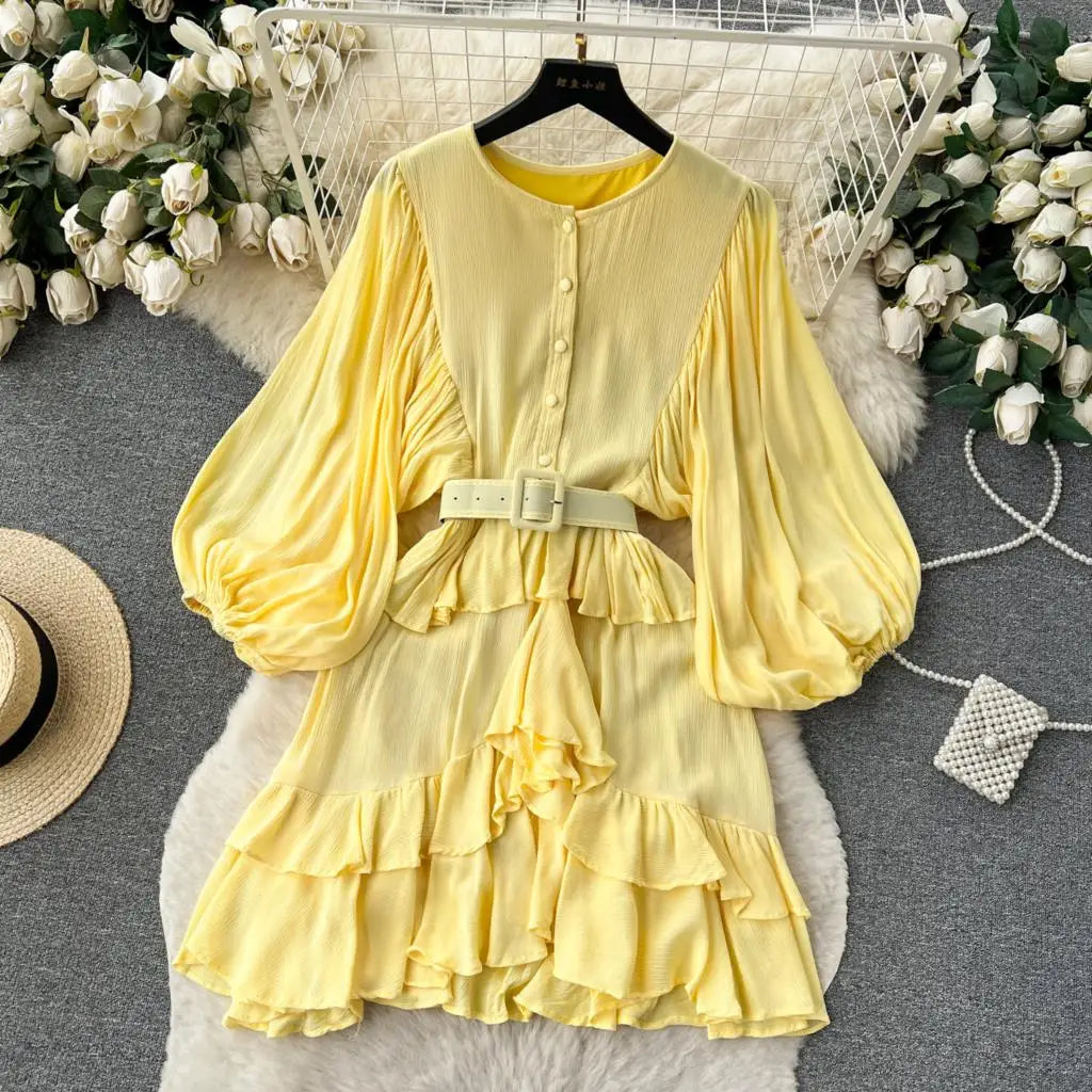 Vintage Puff Sleeve Ruffle Dress Women O-Neck A-Line Elegant Casual Party Prom Dresses Korean Autumn Fashion Female Vestidos New