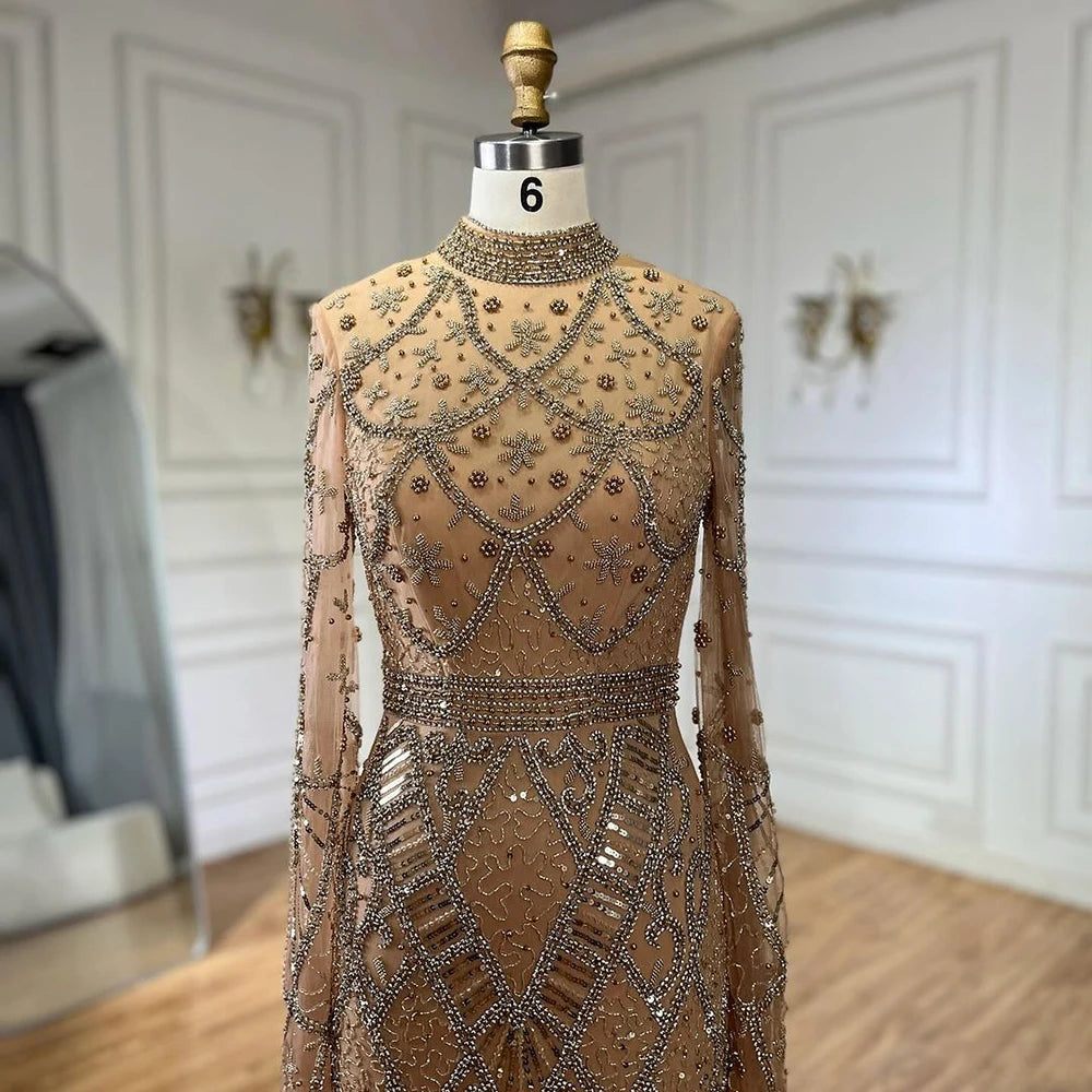 Serene Hill Muslim Grey Mermaid Elegant Nude Cape Sleeve Beaded Luxury Dubai Long Evening Dress 2024 Women's Party LA72316