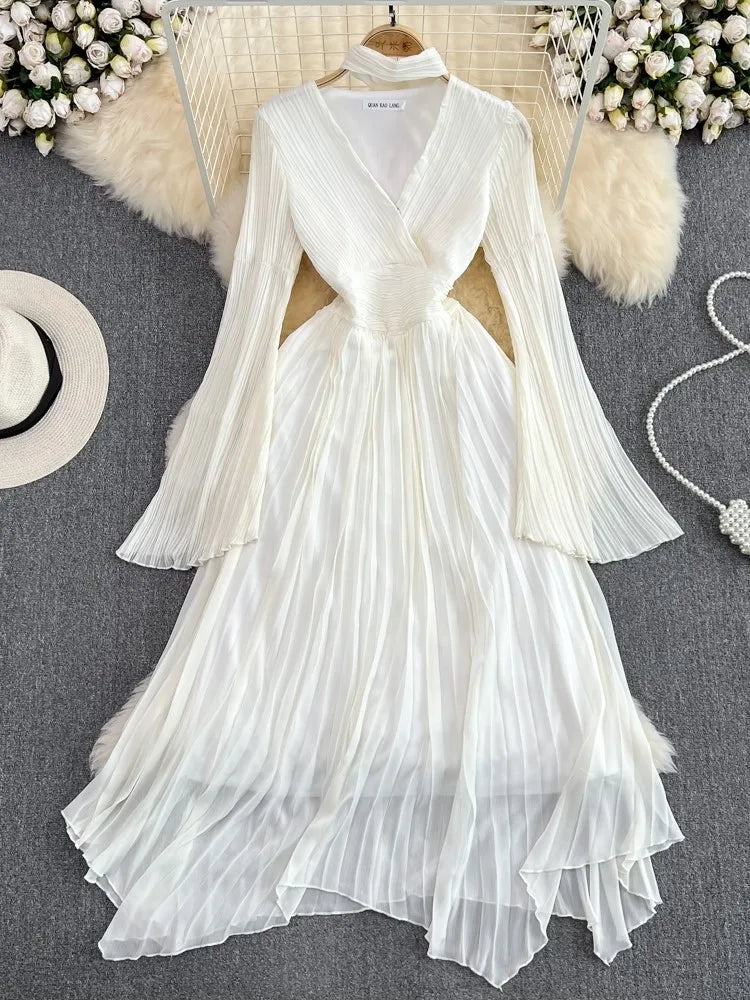 Autumn Solid Pleated Long Dresses for Women Halter V-Neck Flare Sleeve Wedding Party Dress Korean Fashion One Piece Vestidos New