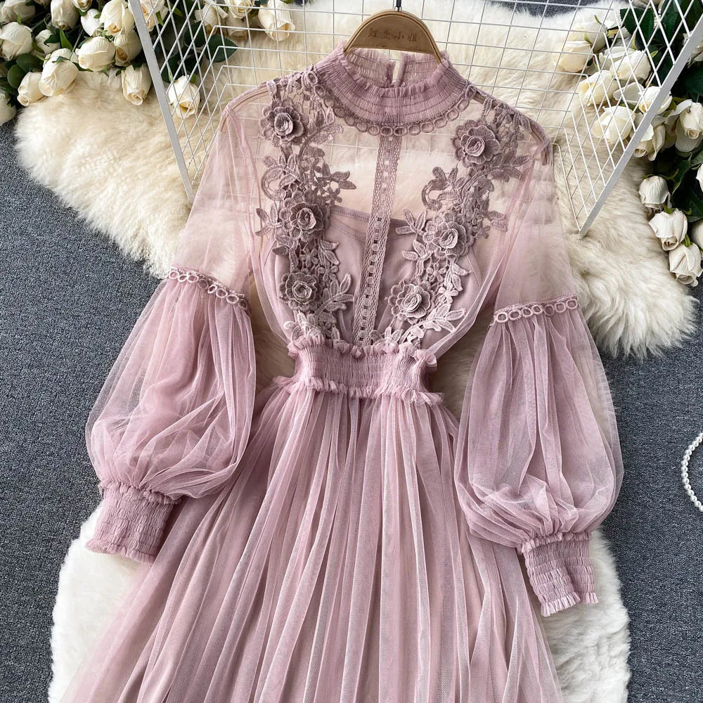 Retro Elegant Mesh Pleated two pieces Dress sets Sexy Fairy puff sleeve Summer Casual Vestidos Slim Women Evening Party Dress