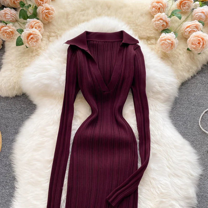Women Chic Elegant Long Sleeve Split Bodycon Midi Dress Sexy French Fashion Knit Wrap Vestidos Elastic Slim Pencil Sweater Dress
