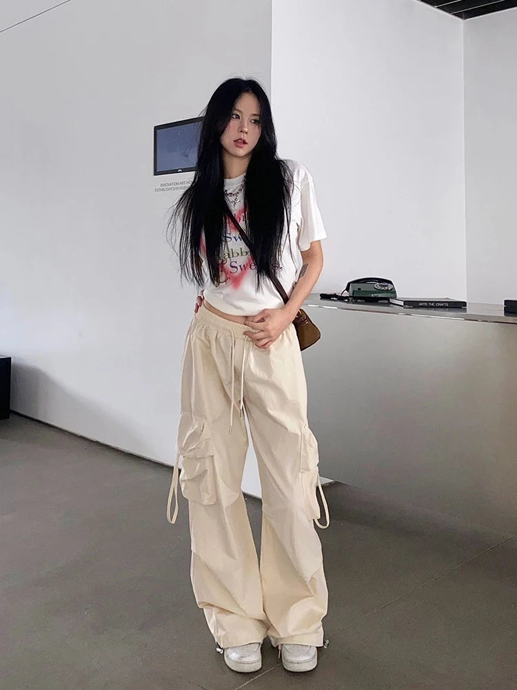 Women's High Waist Cargo Pants with Multiple Pockets Trendy Solid Color Streetwear Y2K Spring Autumn New Loose Wide Leg Trousers