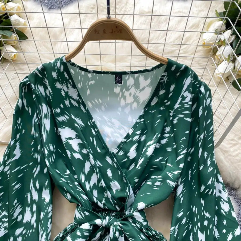 Women Casual Vintage Print Ruffle Long Dress Autumn Elegant V Neck Lantern Sleeve Party Mermaid Dresses Holiday Female Mujer New