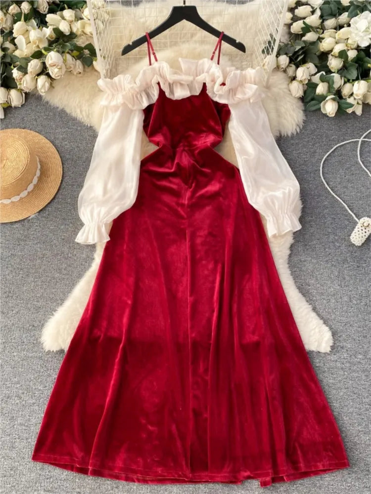 Sexy Bodycon Off Shoulder Party Dress Women Ruffles Velvet Patchwork Elegant Lady Fashion Prom Robe A-Line Vestidos Mujers New