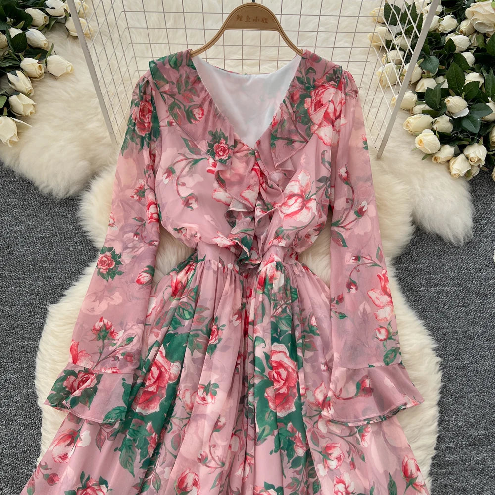 Women Elegant Floral Print Dress for Women Vintage V-Neck Long Sleeves Chiffon Slim A-Line Vestidos Mujer Autumn Female Clothes