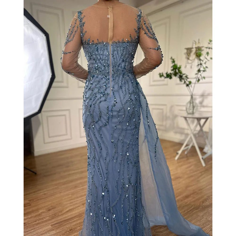 Serene Hill Blue Long Sleevele Elegant Mermaid High Split Evening Dresses 2024 Women Party Gowns with Side Skirt LA72044