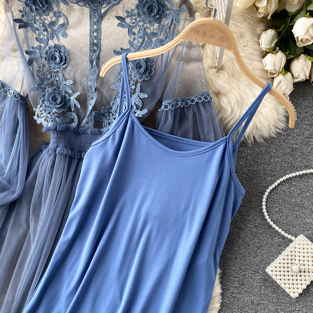 Retro Elegant Mesh Pleated two pieces Dress sets Sexy Fairy puff sleeve Summer Casual Vestidos Slim Women Evening Party Dress