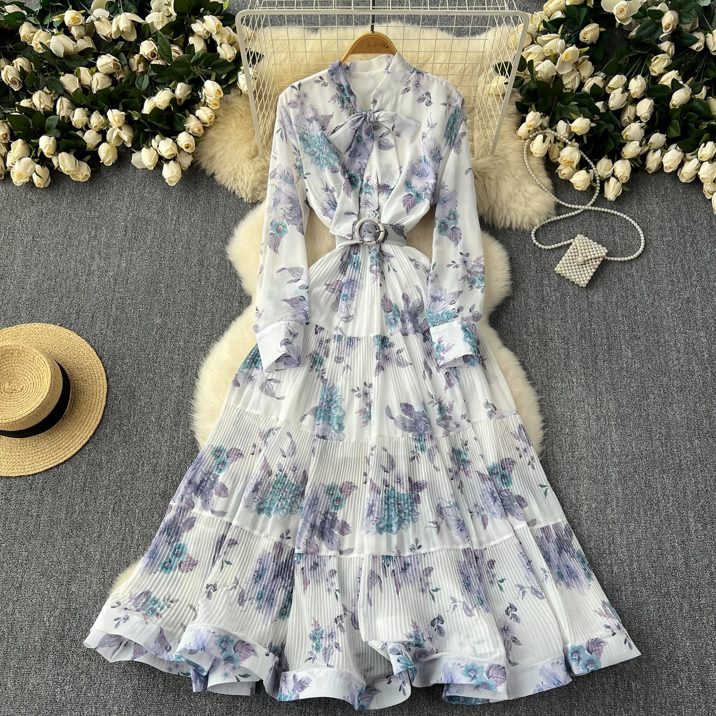 French Vintage Ruffle Lace-up Bow Puff Sleeves Long Sleeves Dress korean fashion Casual Women Fashion summer dresses