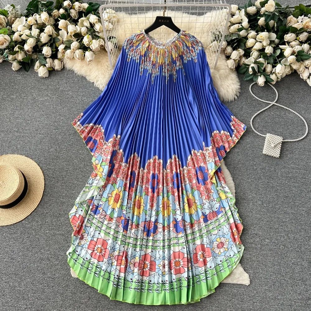 Vintage Print Elegant O-neck Batwing Sleeve Dress A-line Casual Belt Fashion Dress Women Fashion Summer Spring Vestidos