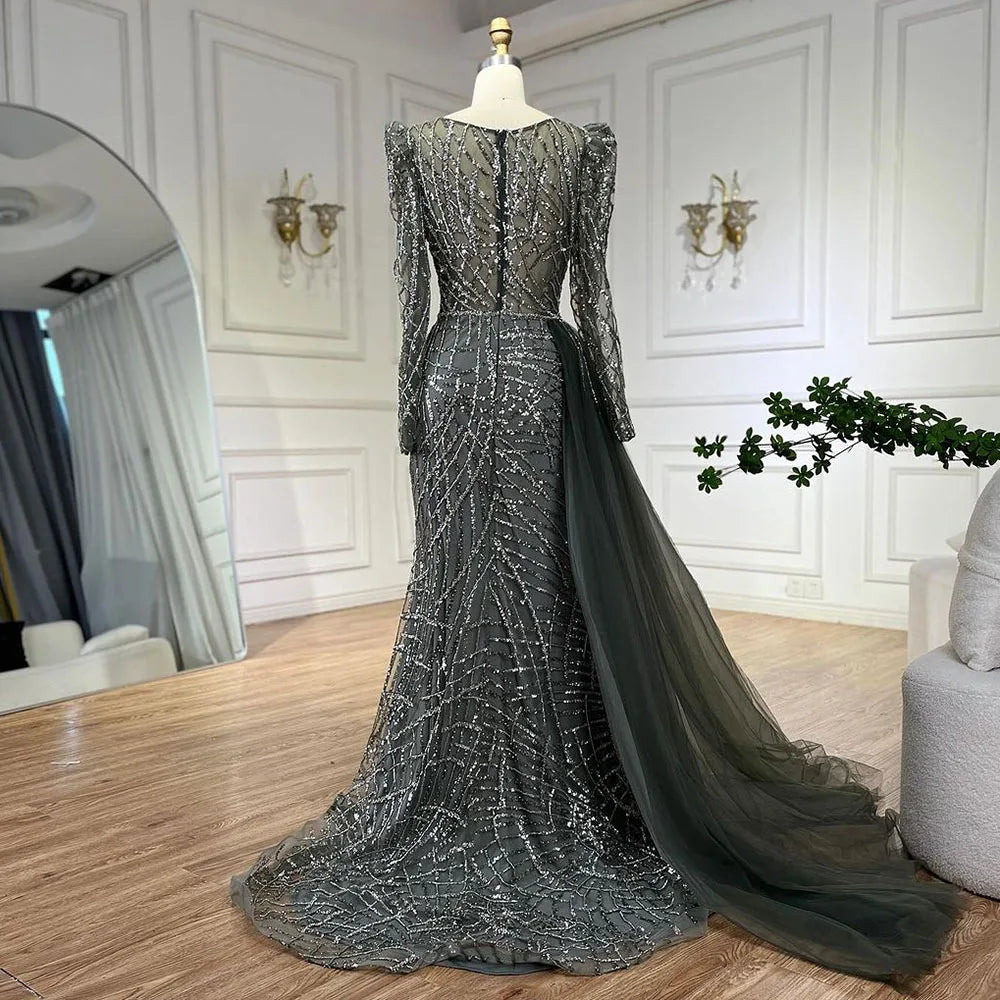 Serene Hill Muslim Gold Mermaid Beaded Luxury Dubai Evening Dresses Gowns With Overskirt 2024 For Women Party LA72206