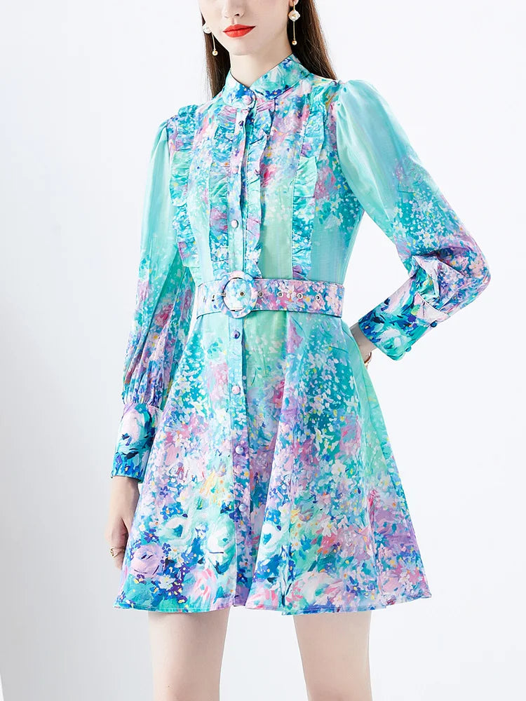 Mini Dresses For Women Frill Trim Long Sleeve Spring Vacation Dress Stand Collar Elegant Vintage Floral Print Dress With Belt
