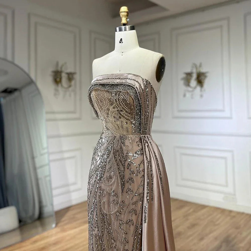 Serene Hill 2024 Arabic Nude Strapless Satin Mermaid Beaded Luxury Dubai Evening Gown with Side Skirt for Women's Party BLA72665