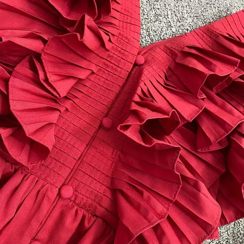 French Elegant Ruffle Edge Pleated Chiffon Short Shirt Top Women's Summer Fashion Sleeveless V-neck Single breasted Red Blouse