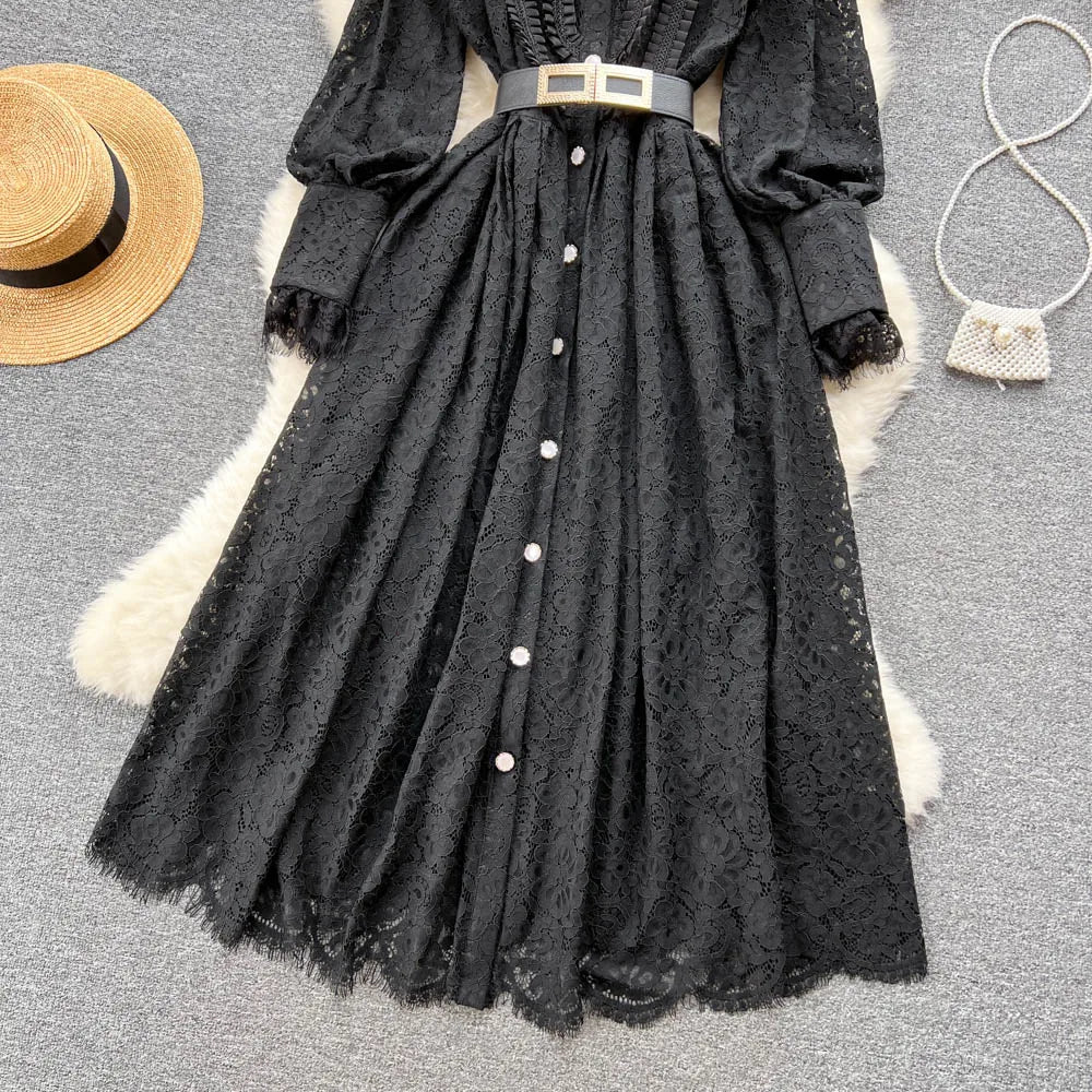 Elegant Chic Lace Hook Flower Hollow Long Sleeve Lapel Dress Party A-line Vestidos High Waist Basic Women Autumn Winter Dress