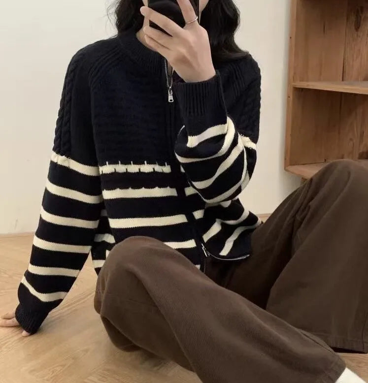 Autumn Winter Korean Edition Stripe Color Contrast Double Zipper Short Knitted Cardigan Women's Loose Fit Long Sleeve Sweater