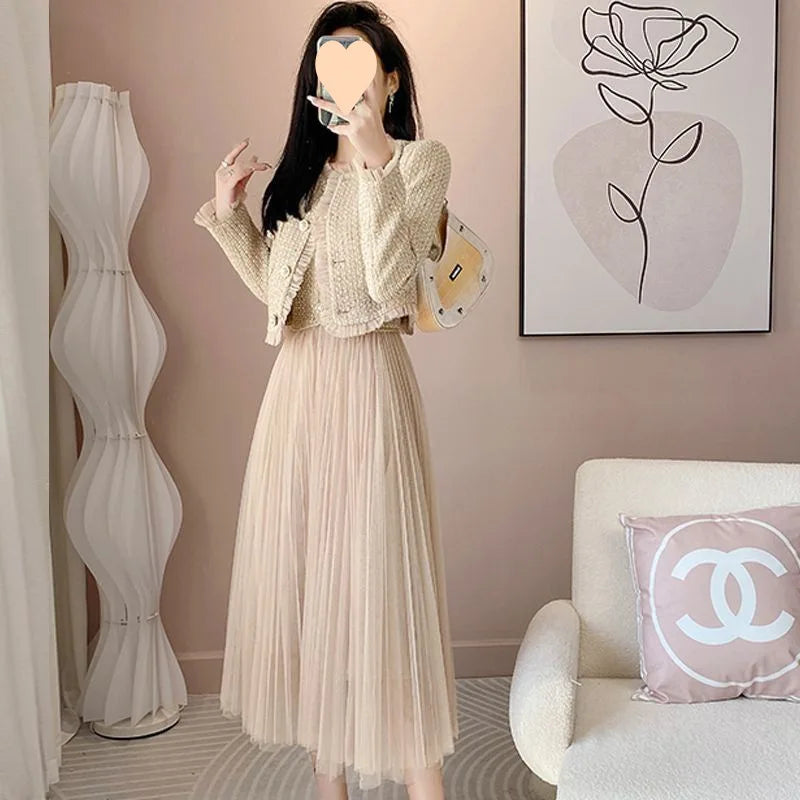 Elegant Small Fragrance Two-Piece for Women's Strap Mesh Midi Dress+Short Thick Tweed Jacket for Women's Spring and Autumn Set