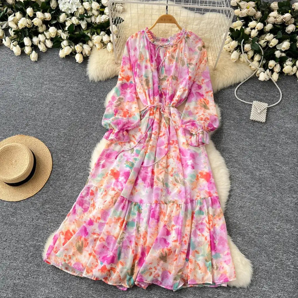 Elegant Floral Print Party Dress for Women French O-Neck Embroidered Flares Lace Up Lantern Long Sleeves Chiffon Long Dresses