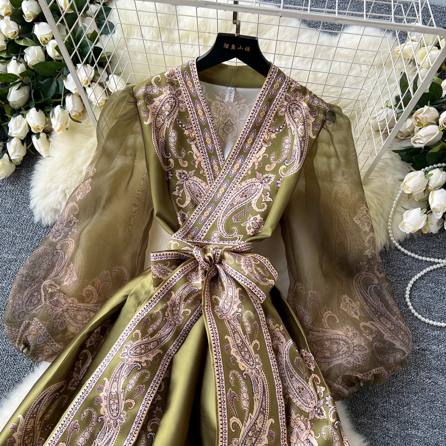 Vintage Elegant sweet puff sleeve Bandage Dress A-line Chic Casual Beach Vacation Women Summer dresses