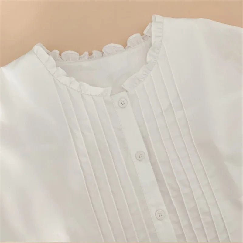 Women's French Elegant White Shirt Blouse Autumn New Collection Mushroom Edge Round Neck Long Sleeve Pullover Shirt Tops